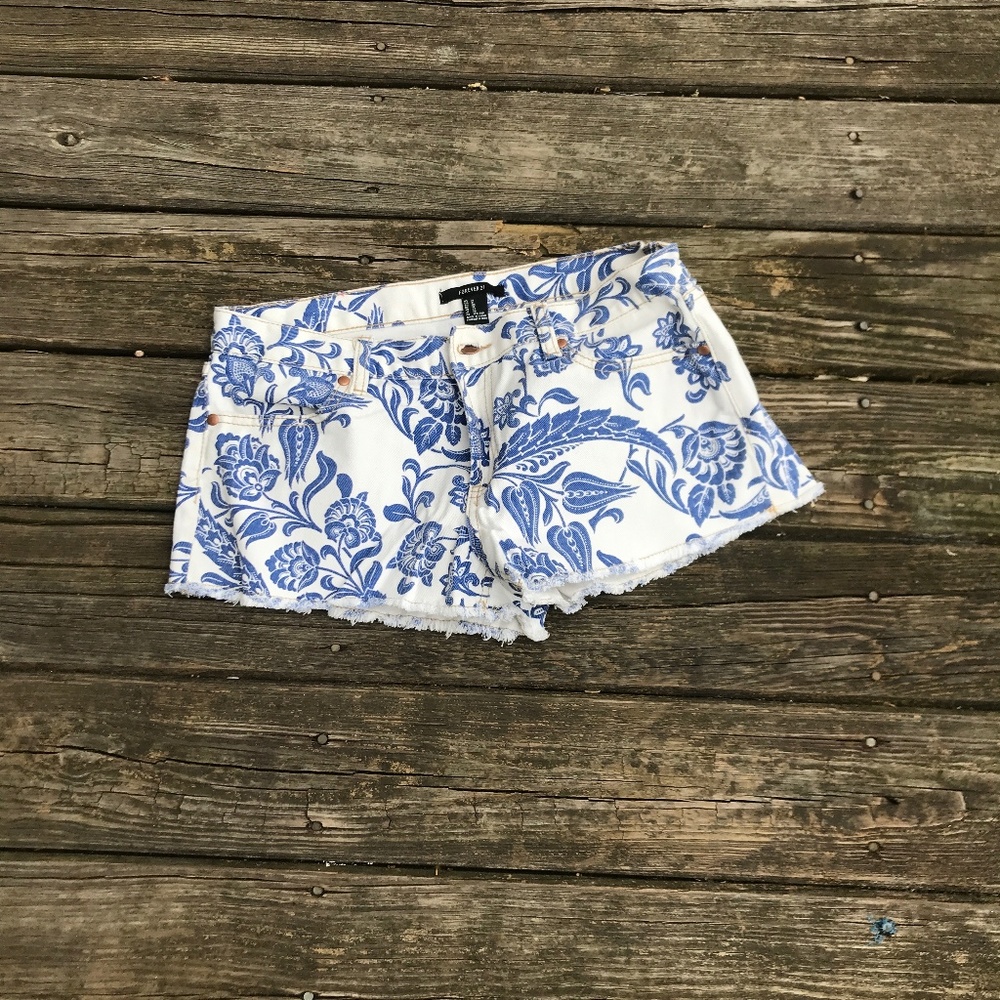 Blue and White Floral Denim Shorts